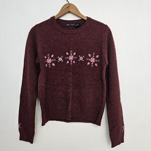 Jamie Scott Burgundy Floral Embroidered Wool Sweater S Small
